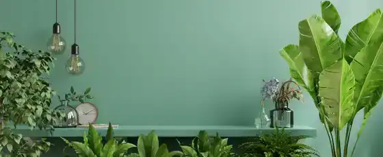 Mur vert avec plantes et luminaires minimalistes